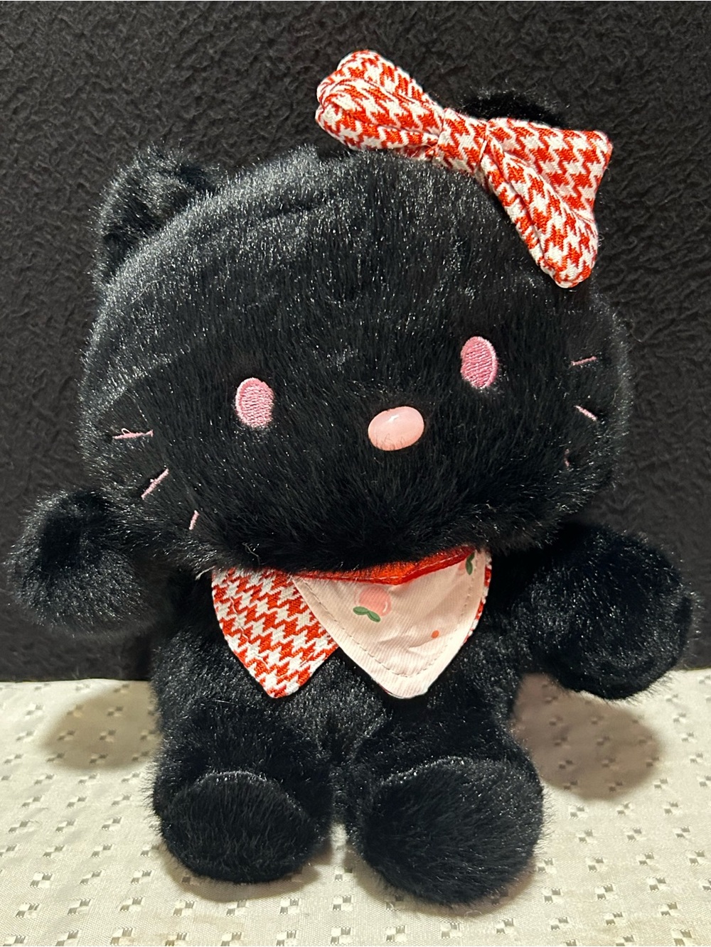 Rare Sanrio Hello Kitty Black Cat Plush Mascot Houndstooth strawberry Bow gloomy